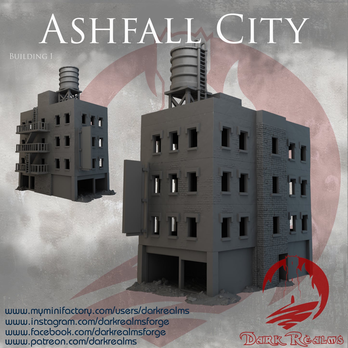Ashfall City building 1 by Dark Realms in 32mm, 28mm, 15mm Scale 3D Printed Scenery for Wargaming Dnd and Warhammer