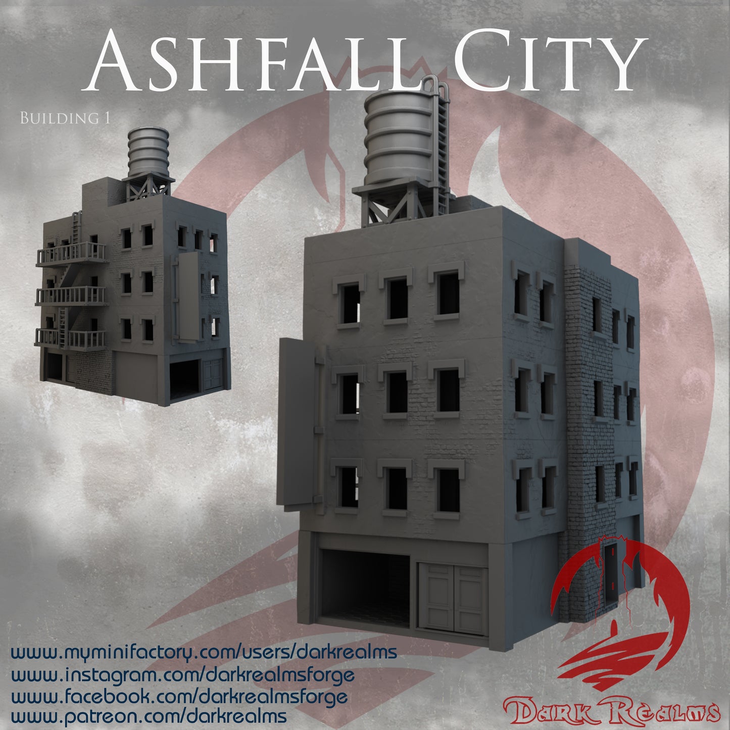 Ashfall City building 1 by Dark Realms in 32mm, 28mm, 15mm Scale 3D Printed Scenery for Wargaming Dnd and Warhammer
