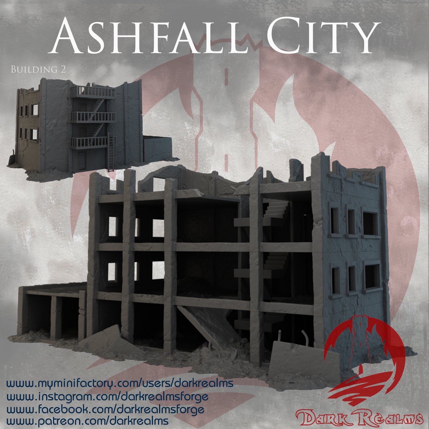 Ashfall City building 2 by Dark Realms in 32mm, 28mm, 15mm Scale 3D Printed Scenery for Wargaming Dnd and Warhammer