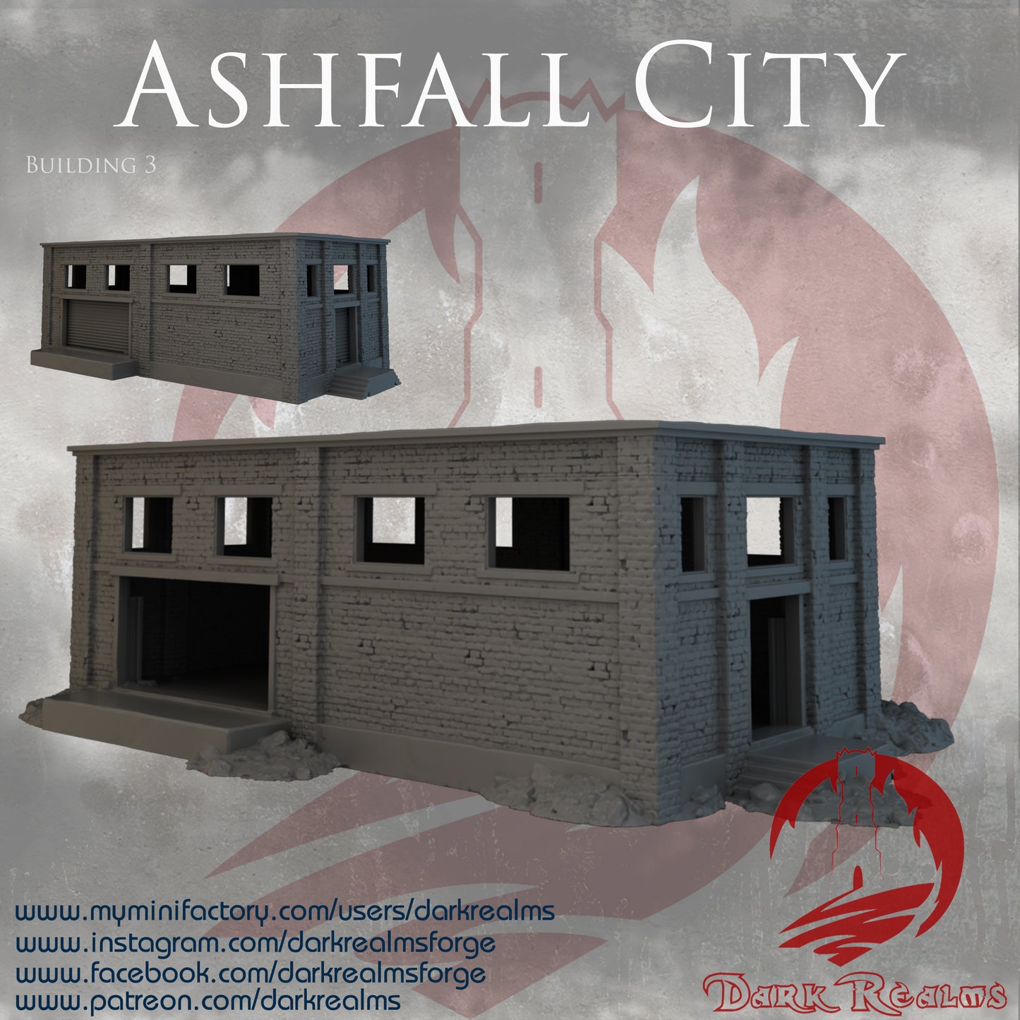 Ashfall City warehouse by Dark Realms in 32mm, 28mm, 15mm Scale 3D Printed Scenery for Wargaming Dnd and Warhammer