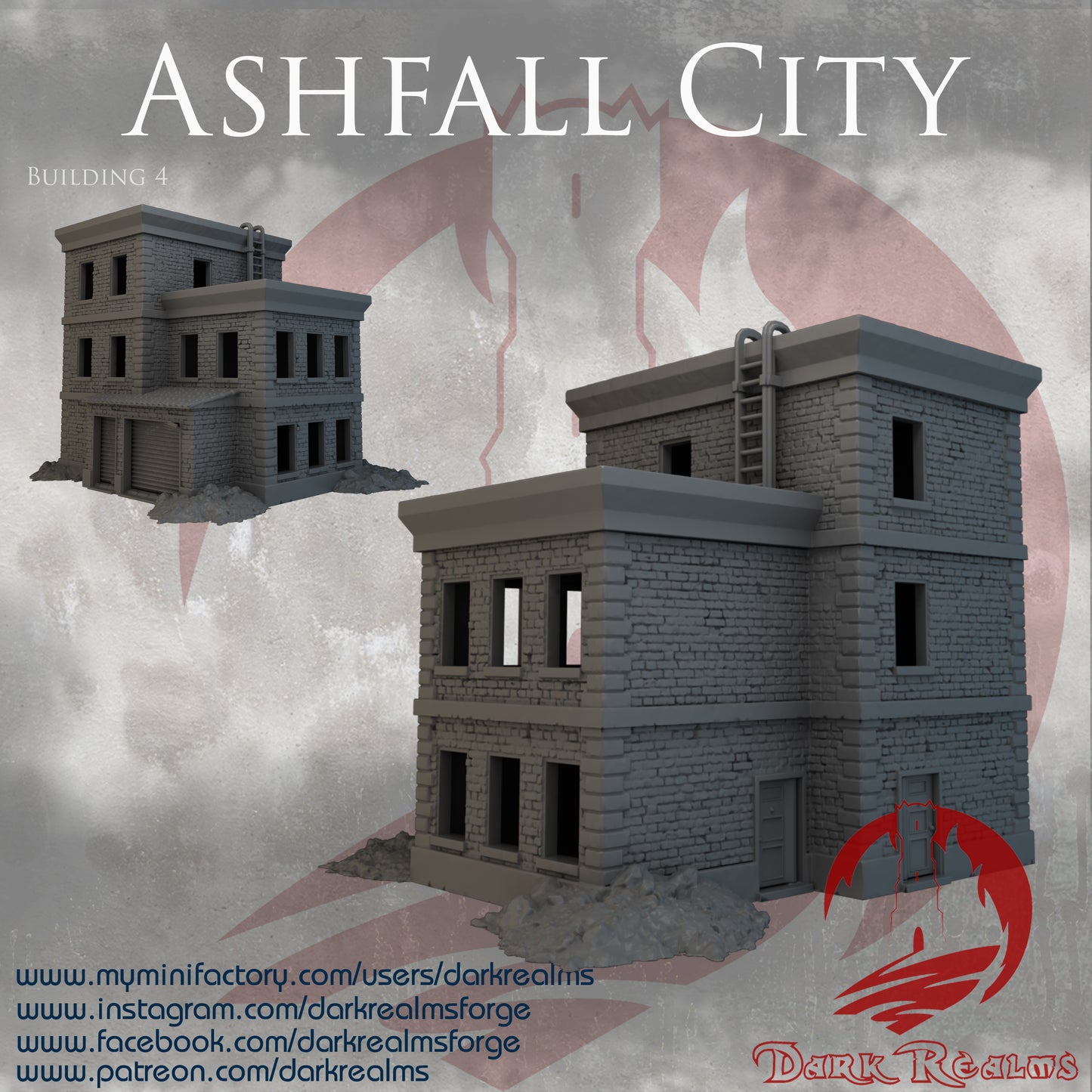 Ashfall City building 4 by Dark Realms in 32mm, 28mm, 15mm Scale 3D Printed Scenery for Wargaming Dnd and Warhammer