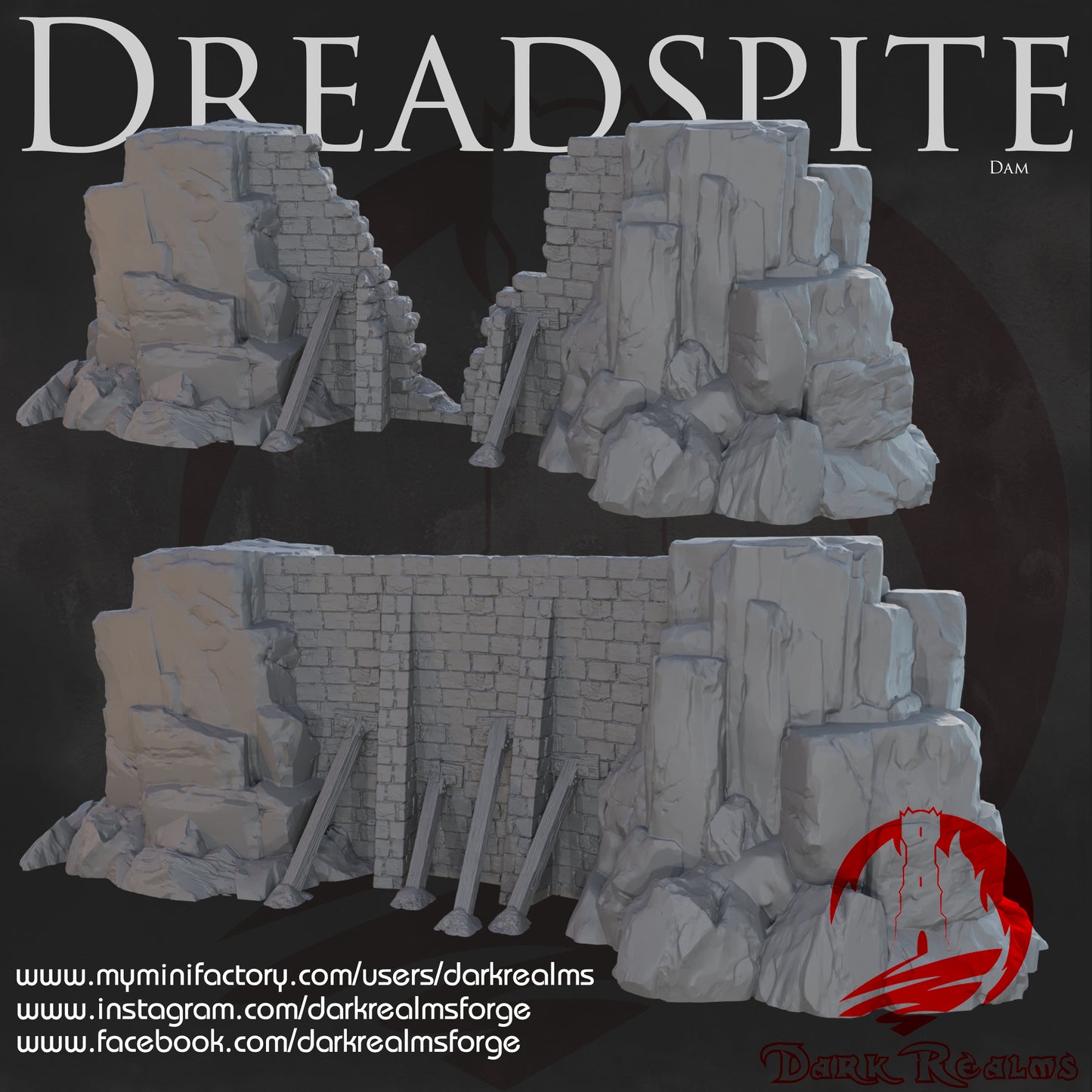 River Dam by Dark Realms in 32mm, 28mm, 15mm Scale 3D Printed Scenery for Wargaming Dnd and Warhammer