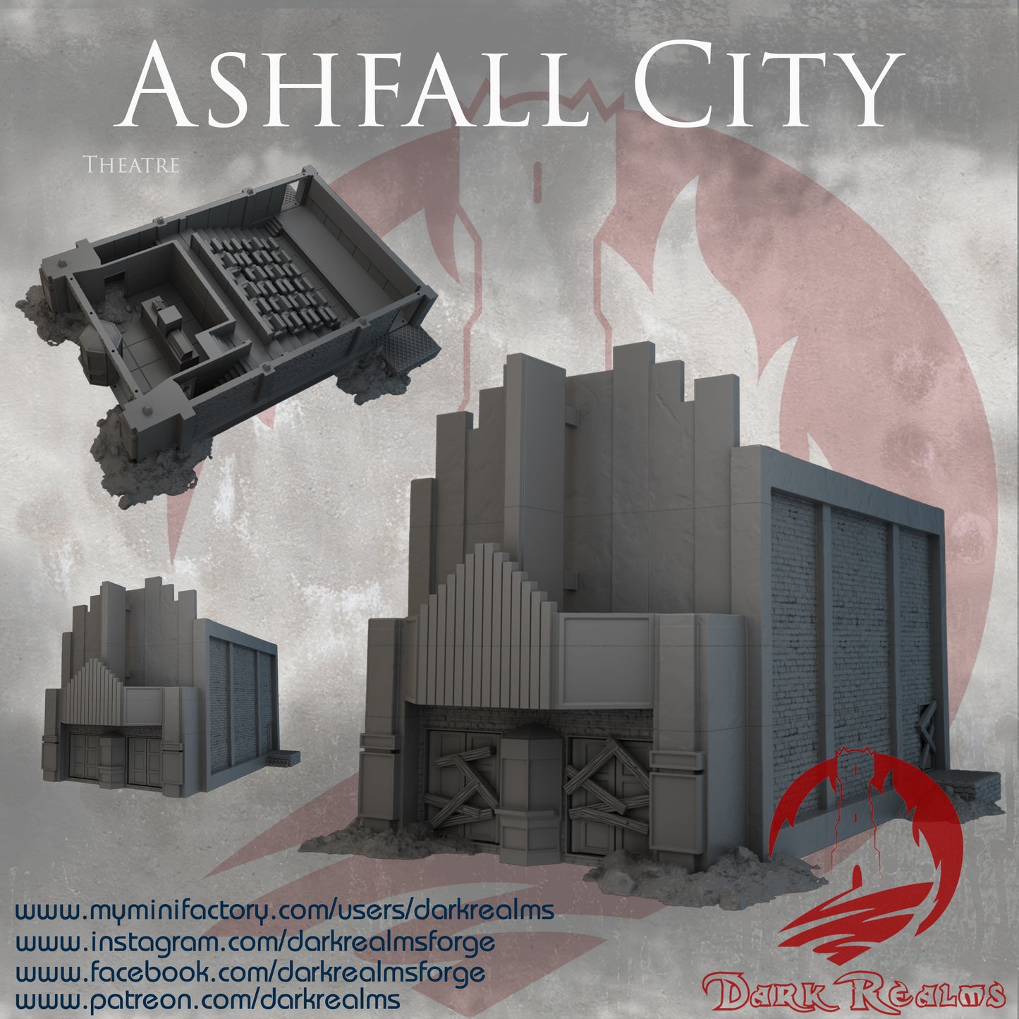 Ashfall City theatre by Dark Realms in 32mm, 28mm, 15mm Scale 3D Printed Scenery for Wargaming Dnd and Warhammer