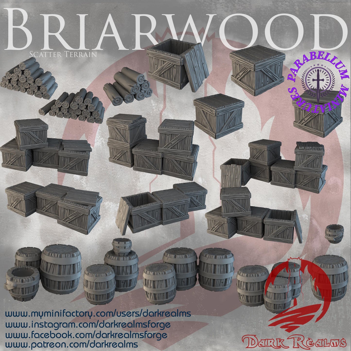 Barrels, Crates, & Logs scatter terrain (Briarwood by DarkRealms) 32mm, 28mm, 15mm Scale 3D Printed Scenery for Wargaming Dnd and Warhammer
