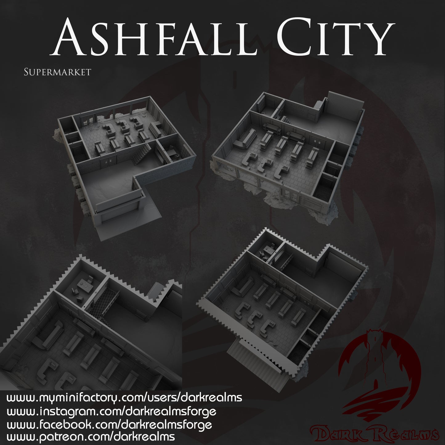 Ashfall City supermarket by Dark Realms in 32mm, 28mm, 15mm Scale 3D Printed Scenery for Wargaming Dnd and Warhammer