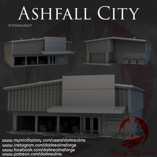Ashfall City supermarket by Dark Realms in 32mm, 28mm, 15mm Scale 3D Printed Scenery for Wargaming Dnd and Warhammer