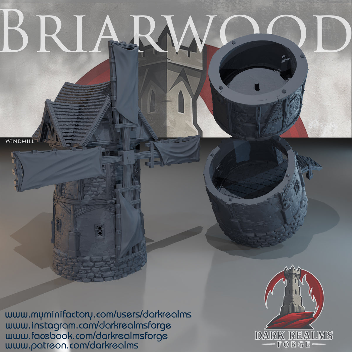 Briarwood Windmill by Dark Realms in 32mm, 28mm, 15mm Scale 3D Printed Scenery for Wargaming Dnd and Warhammer