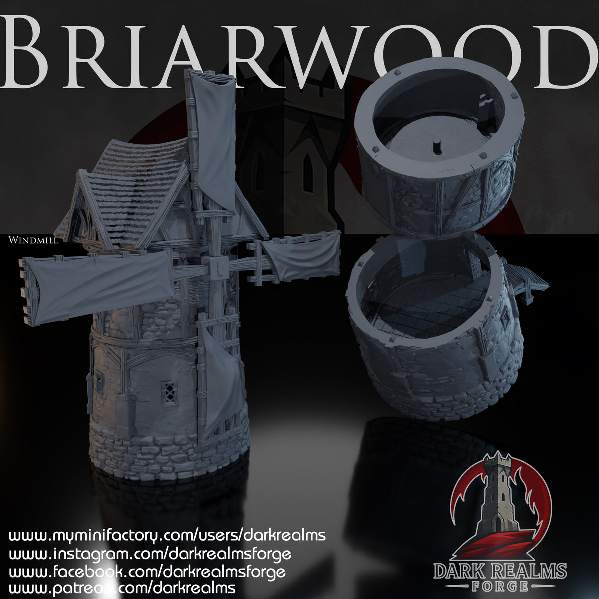 Briarwood Windmill by Dark Realms in 32mm, 28mm, 15mm Scale 3D Printed Scenery for Wargaming Dnd and Warhammer