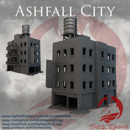 Ashfall City building 1 by Dark Realms in 32mm, 28mm, 15mm Scale 3D Printed Scenery for Wargaming Dnd and Warhammer
