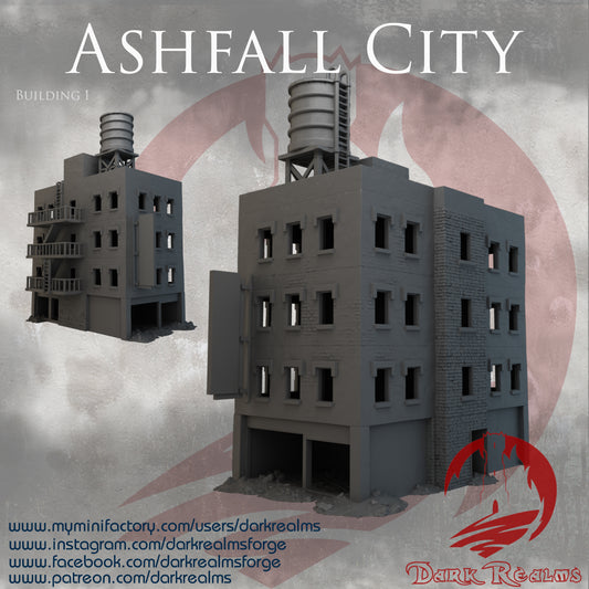 Ashfall City building 1 by Dark Realms in 32mm, 28mm, 15mm Scale 3D Printed Scenery for Wargaming Dnd and Warhammer