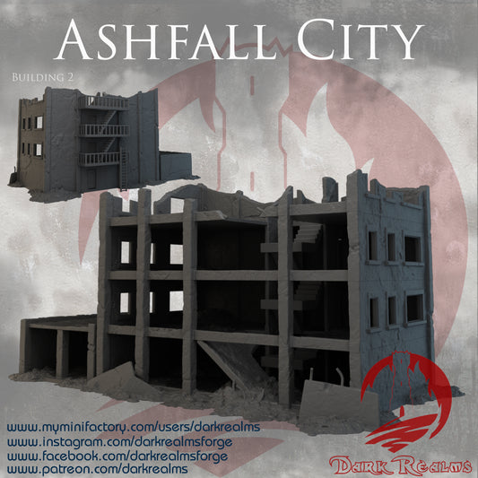 Ashfall City building 2 by Dark Realms in 32mm, 28mm, 15mm Scale 3D Printed Scenery for Wargaming Dnd and Warhammer