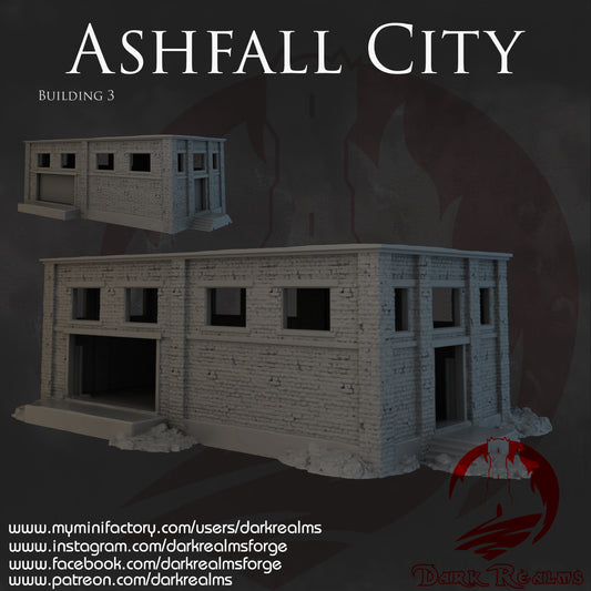 Ashfall City warehouse by Dark Realms in 32mm, 28mm, 15mm Scale 3D Printed Scenery for Wargaming Dnd and Warhammer