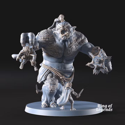 Cave troll fighting halflings