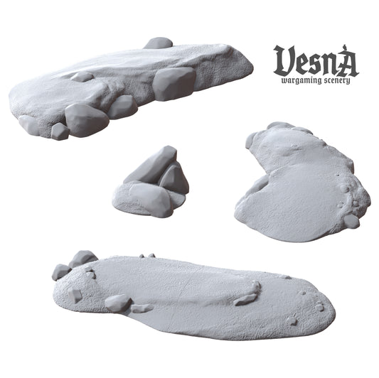 Set of 3 Universal Wargaming Hills & Rock - 3D Printed Grey PLA, 28mm Scale