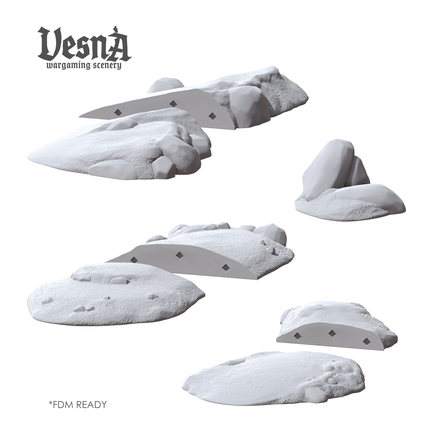 Set of 3 Universal Wargaming Hills & Rock - 3D Printed Grey PLA, 28mm Scale