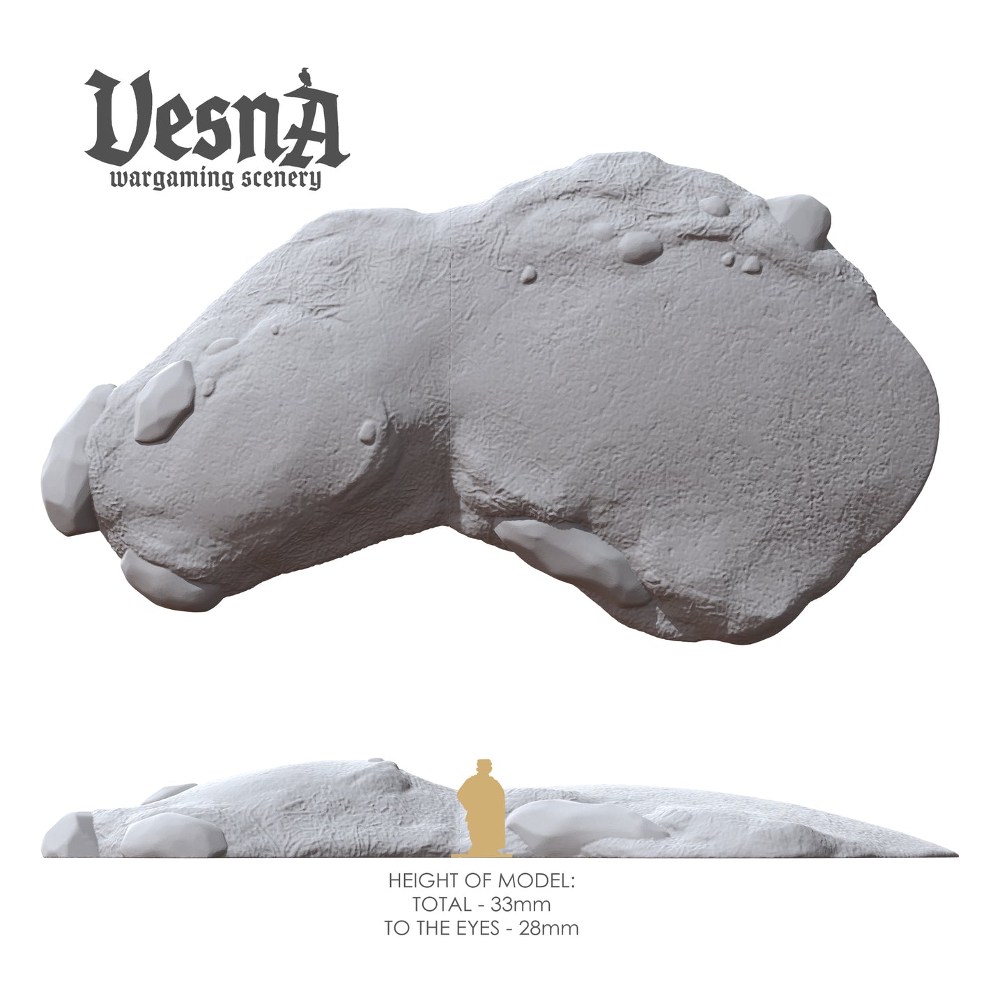 Set of 3 Universal Wargaming Hills & Rock - 3D Printed Grey PLA, 28mm Scale