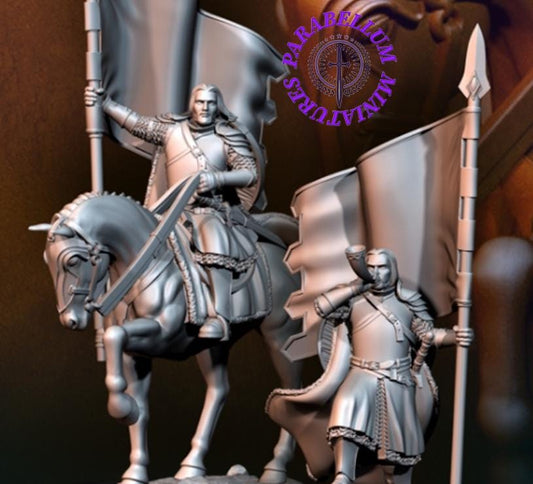 Grey Castle Captain with banner on foot and mounted pose 2