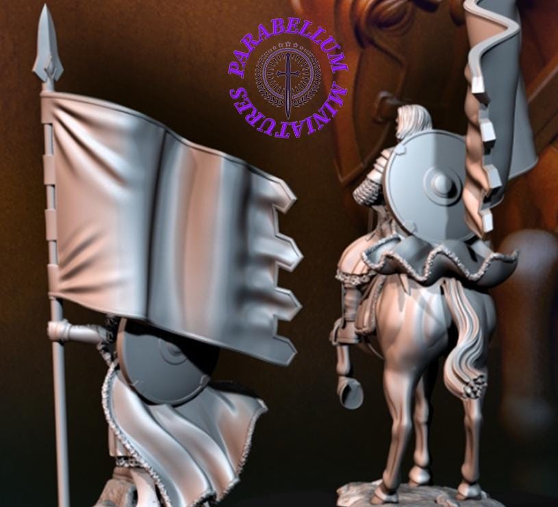 Grey Castle Captain with banner on foot and mounted pose 2