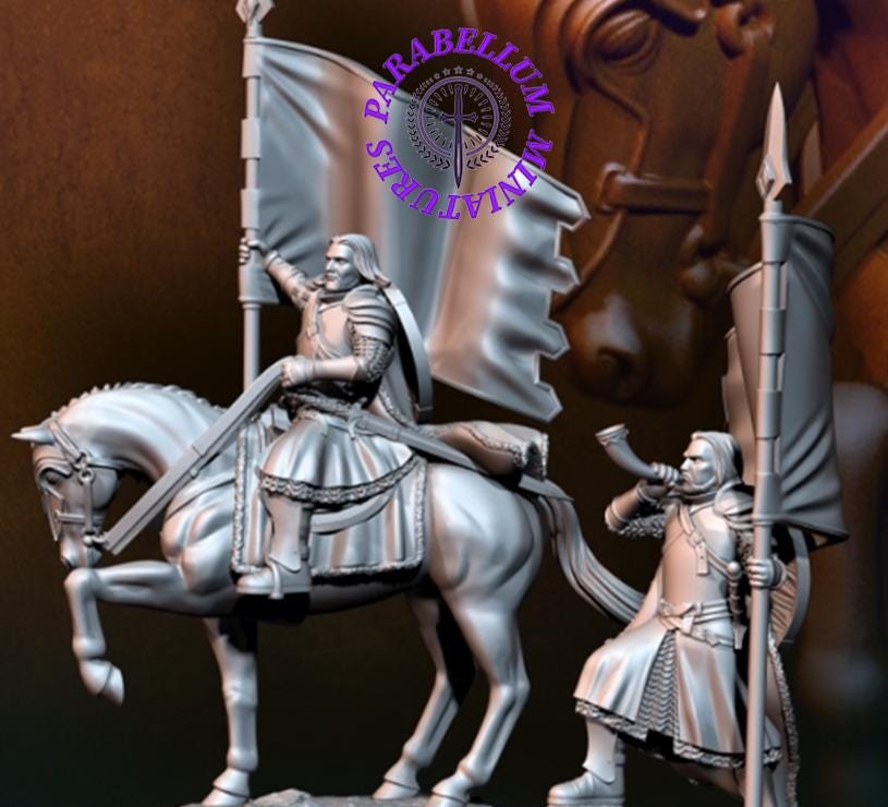 Grey Castle Captain with banner on foot and mounted pose 2