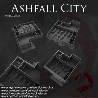 Ashfall City supermarket by Dark Realms in 32mm, 28mm, 15mm Scale 3D Printed Scenery for Wargaming Dnd and Warhammer